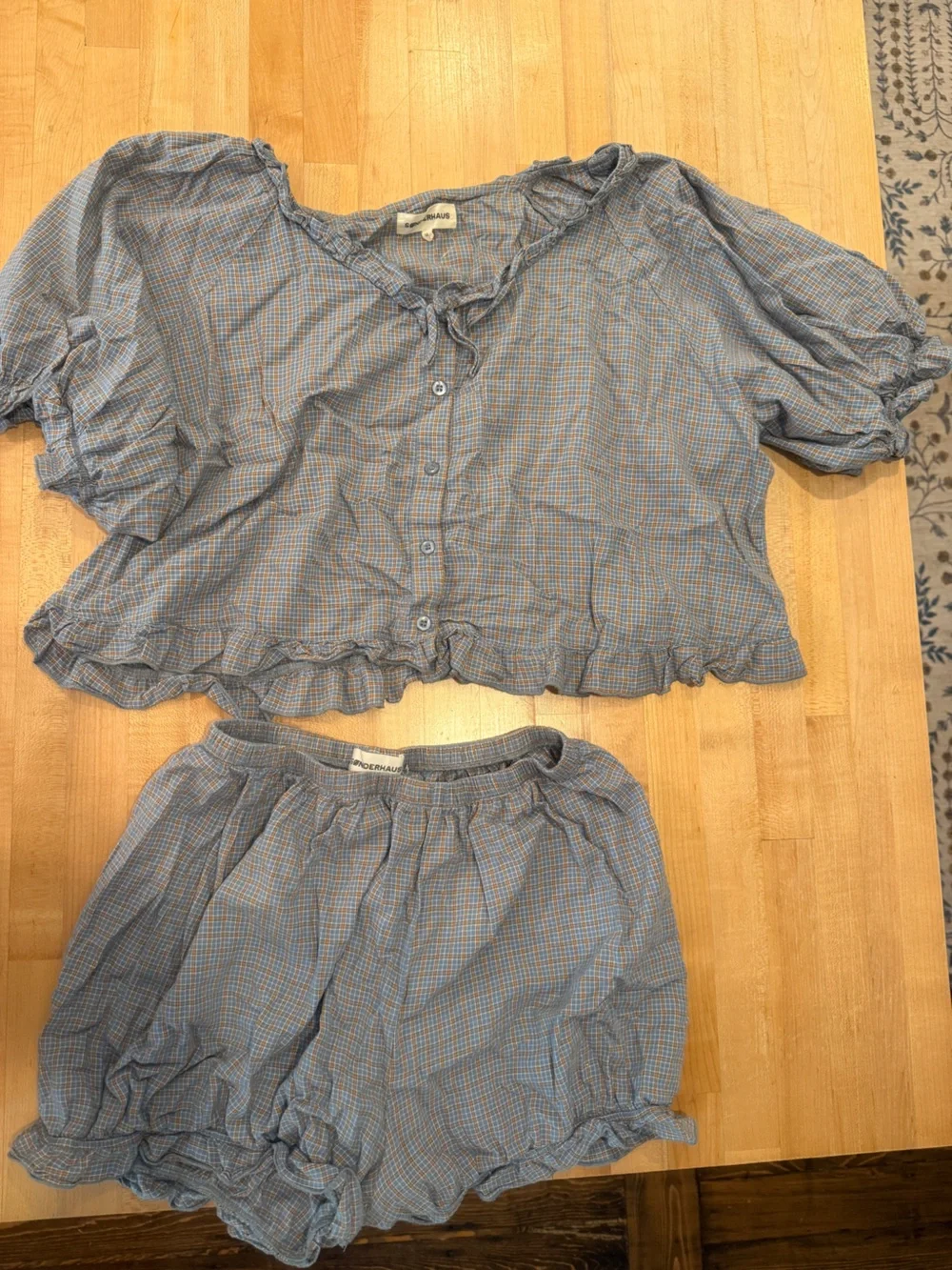 Sonderhaus 100% Cotton Blue Plaid Women's Romeo Two-Piece Set - Picture 3 of 4